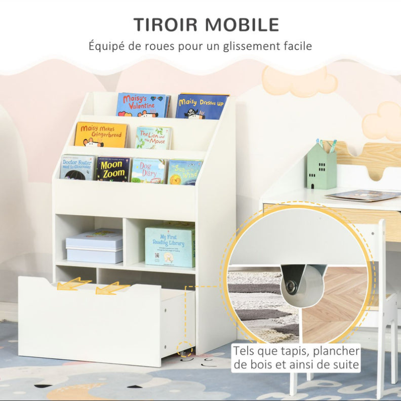 Bibliothèque étagère Multi-Rangement 3 étagères 2 niches Grand tiroir en bois - Blanc
