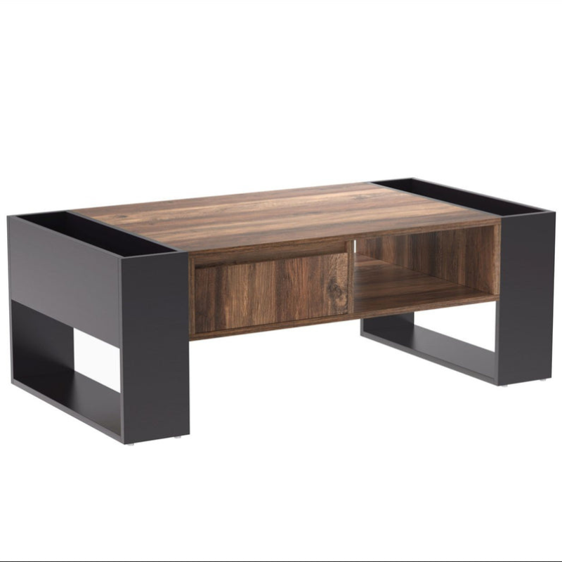 Table basse à grain de bois - Table de salon avec tiroirs - Grands treillis de rangement des deux côtés - Style industriel