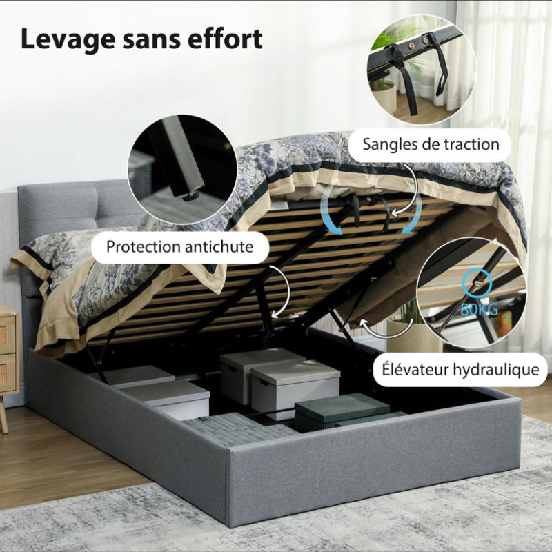 HOMCOM Lit coffre 140x190, cadre de lit double rembourré avec sommier à lattes en bois et rangement caché