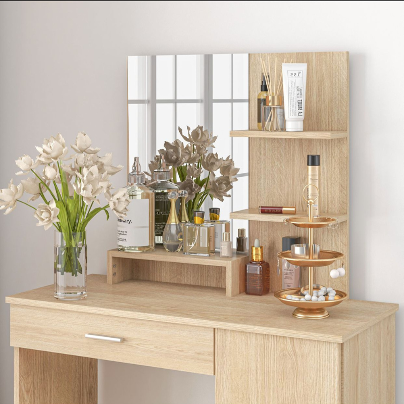 Coiffeuse de Chambre Polyvalente – Érable – avec Armoire, Miroir & Étagères