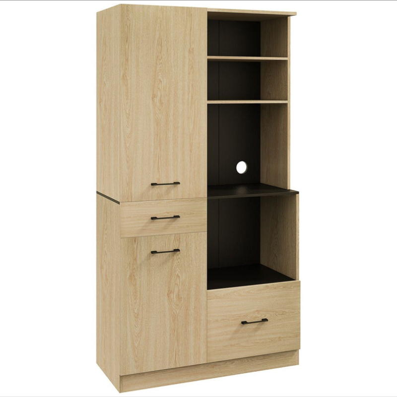 Armoire meuble de cuisine avec 2 tiroirs 2 placards 4 niches étagères réglables et passe-câbles H170 cm - Chêne et Noir