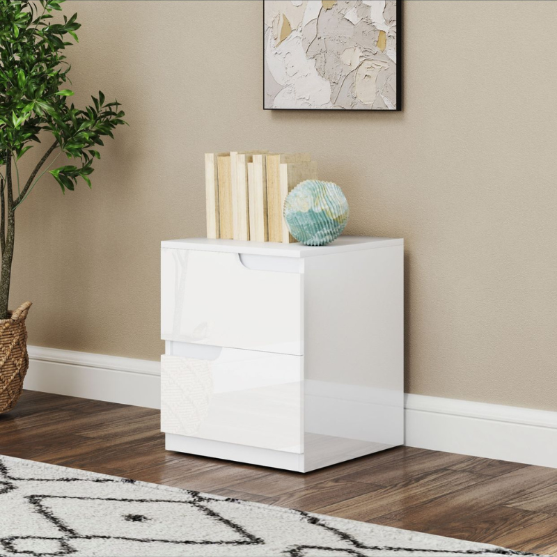 Table de Nuit Moderne  avec 2 Tiroirs et Design Brillant - Blanc