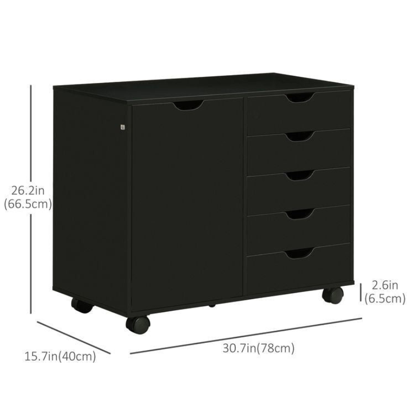 Armoire de classement verticale à tiroir, porte, étagère réglable, roulettes - Noir - Bois MDF