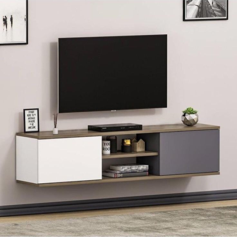 Meuble TV Mural Ayze 149cm Anthracite - Blanc - Noyer