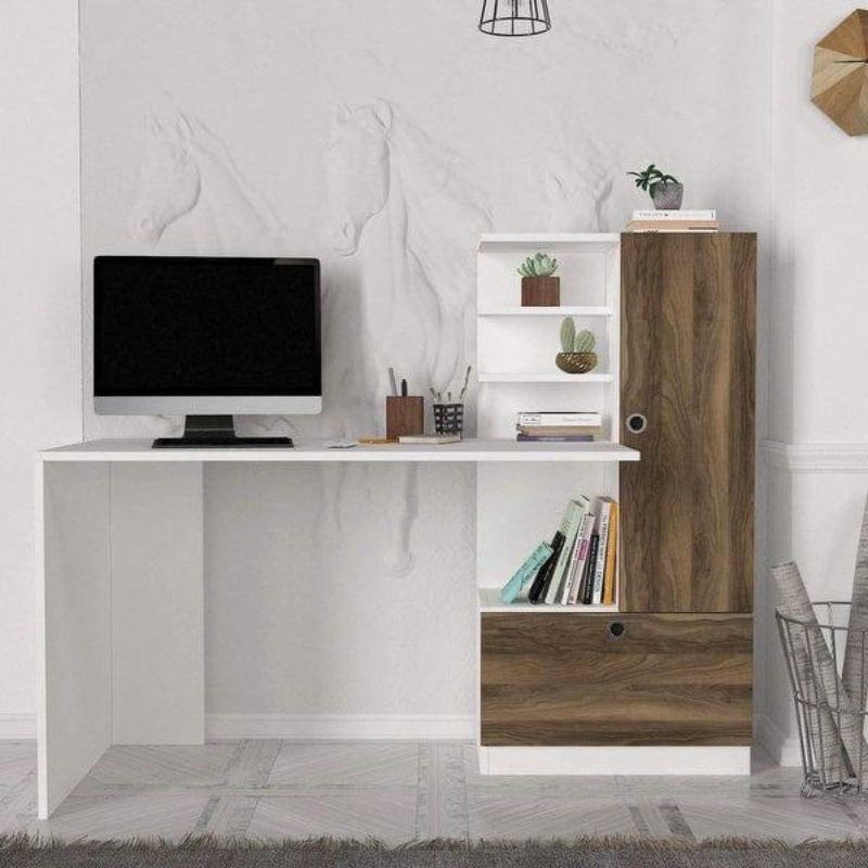 Bureau avec bibliothèque - NISE - Noyer et Blanc 149cm