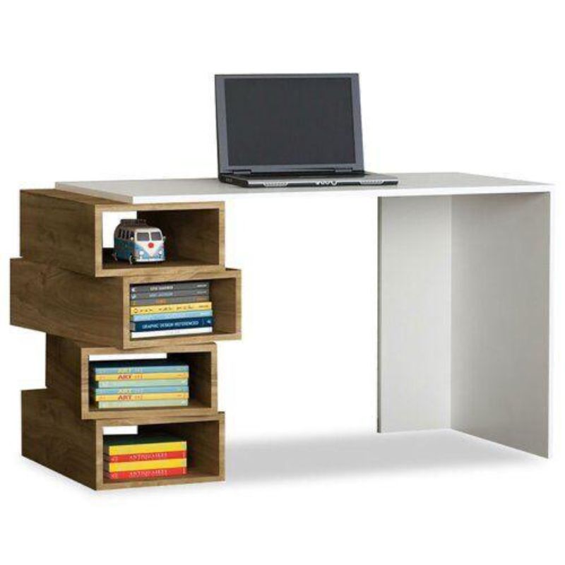 Bureau - AKIR - Blanc et Noyer bois Mdf 130cm