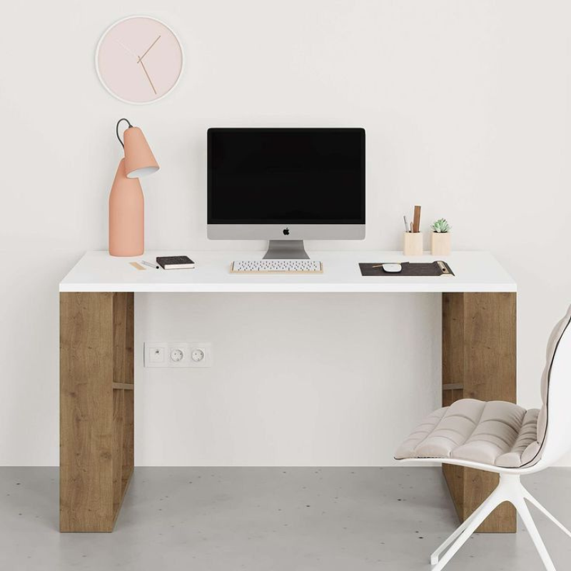 Bureau de travail en bois solide HONEY 137 cm – Noyer et Blanc