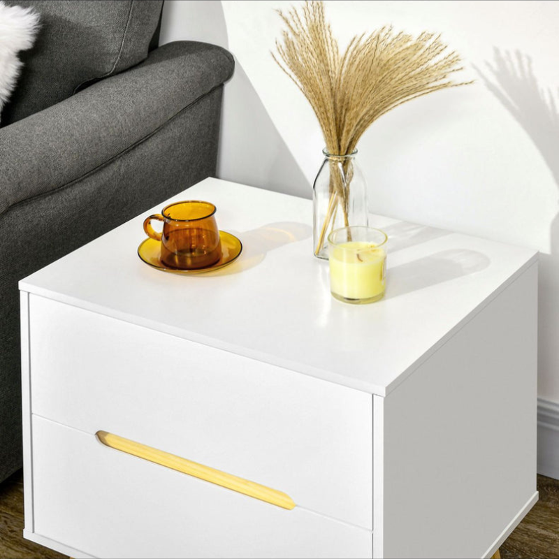 Table de Chevet Moderne avec 2 Tiroirs en Panneau de Particules et Pieds en Bois de Pin - Blanc