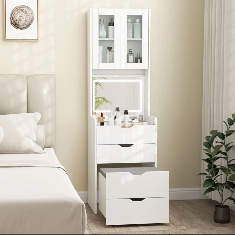 Coiffeuses - HOMCOM - Blanc - Maquillage avec étagères  miroir pliant et tabouret rembourré 3 tiroirs étagères