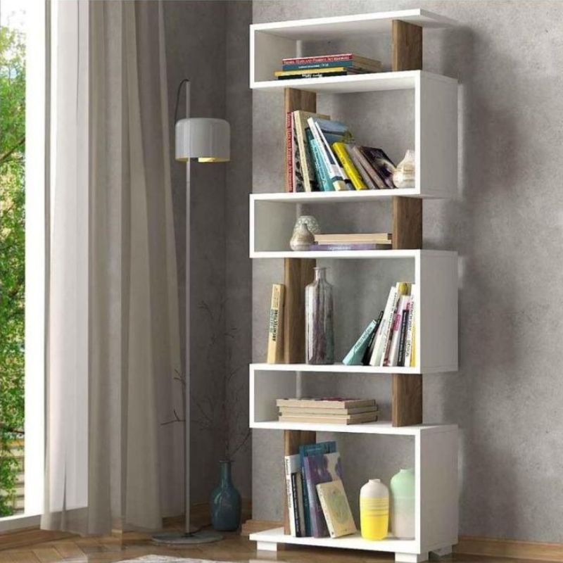 Bibliothèque à étagères - LOCK - 163cm  blanc et Noyer - bois Mdf