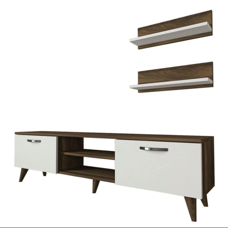 Meuble TV AYDEN 150cm - Noyer et Blanc