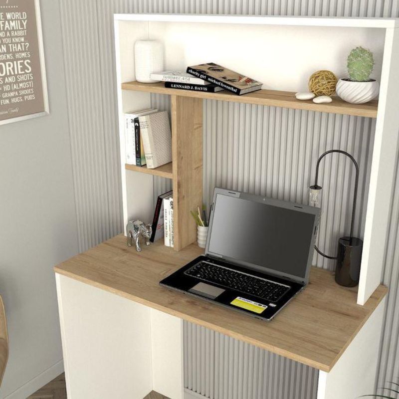 Bureau LISTES 90cm - Blanc et chêne - travail et étude