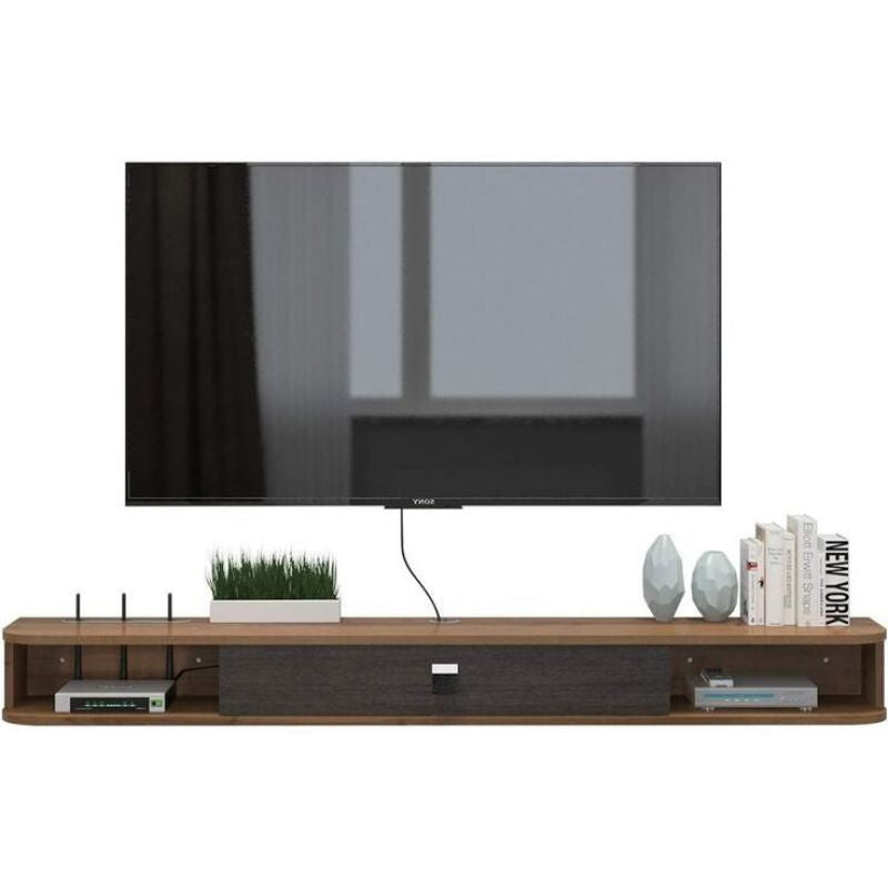 Meuble TV mural, Étagères flottantes avec porte  - Noyer - 160 cm bois Mdf