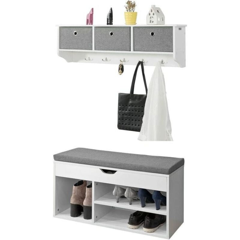 Meuble à chaussures 80cm avec étagère murale 100cm Elevus en bois MDF - Porte-manteau 5 crochets