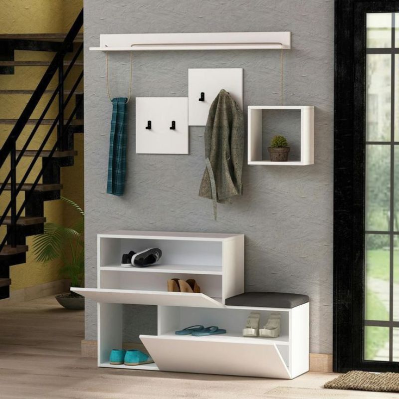 Meuble à chaussures avec porte- manteau avec assises - Blanc- 120 cm