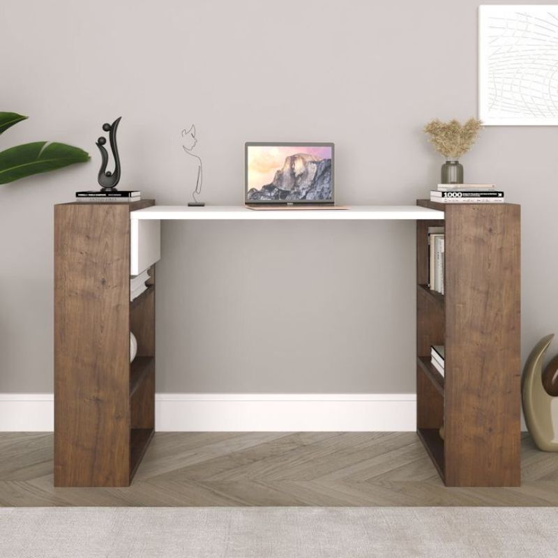 Bureau MADERA - Blanc et Noyer - avec Rangement Intégré