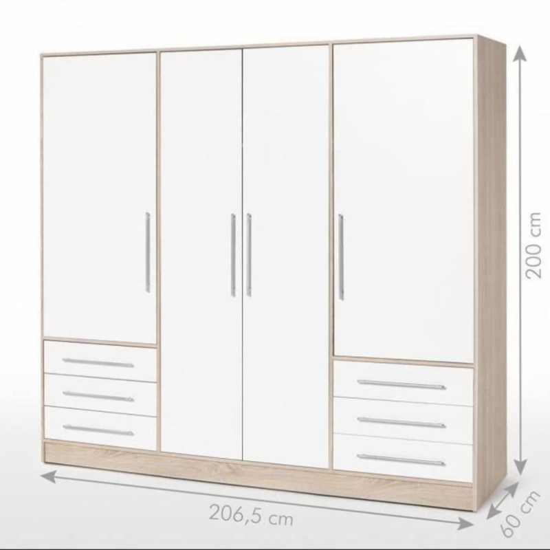 Armoire 4 portes battantes + 6 tiroirs - Chene et blanc