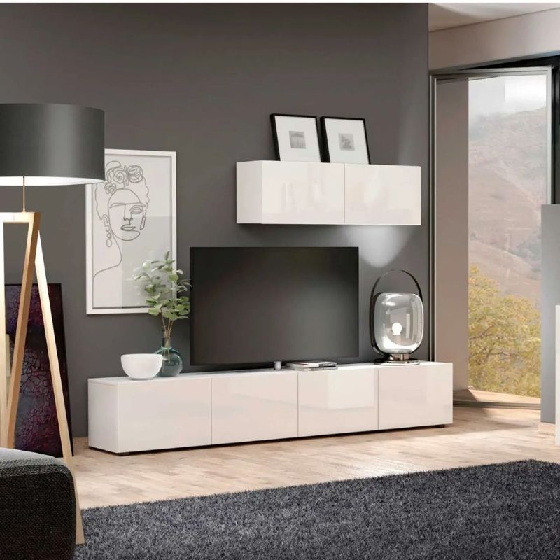 Meuble TV moderne à 4 portes - Blanc - 225cm