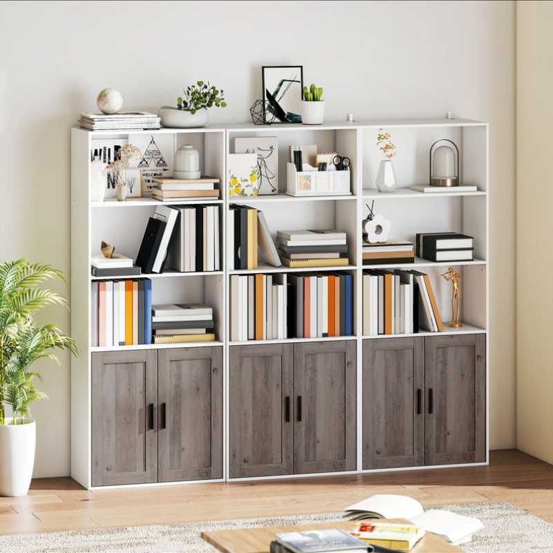 Bibliothèque meuble de rangement 5 niveaux avec compartiments ouverts et 1 placard