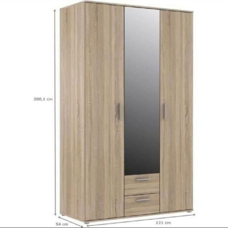 Armoire  3 portes battantes avec 1 miroir + 2 tiroirs - Décor chene Sonoma