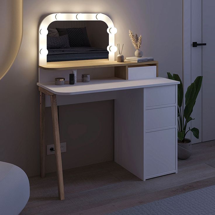 Table Coiffeuse AVIEN Avec Miroir LED + 3 tiroirs - Blanc