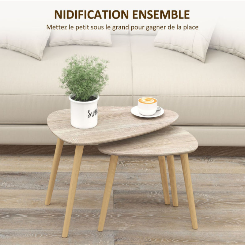 Lot de 2 tables basses gigognes design scandinave pieds en bois et plateau en bois