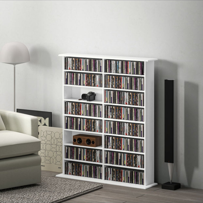 Rangements pour CD et DVD avec 16 compartiments et 12 étagères réglables, capacité max. 720 CD/396 DVD et Blu-ray