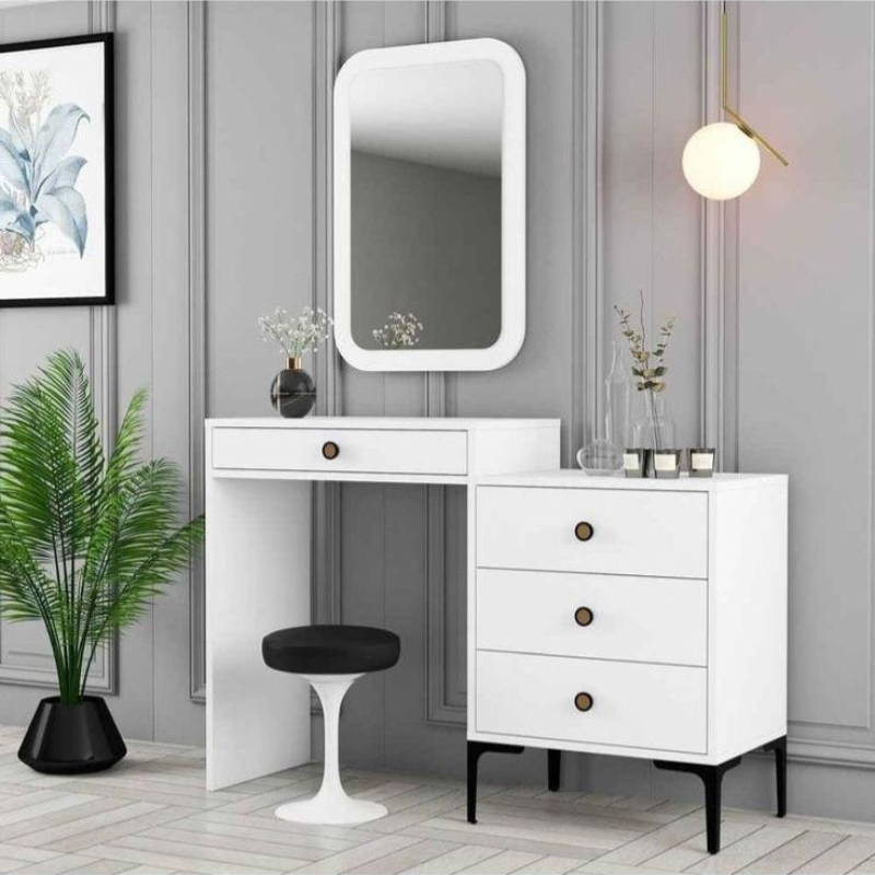 Coiffeuse Moderne Chic - Noyer, Gris & Blanc - avec Miroir