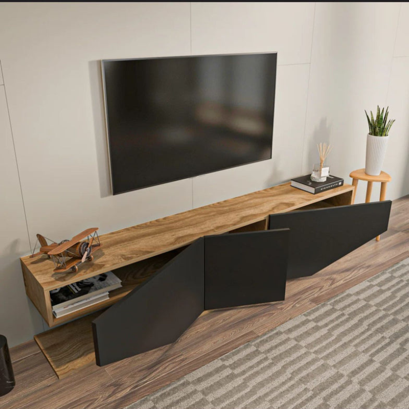 Meuble TV moderne - Pearl - pour téléviseurs jusqu'à 71 chêne et Gris 180cm