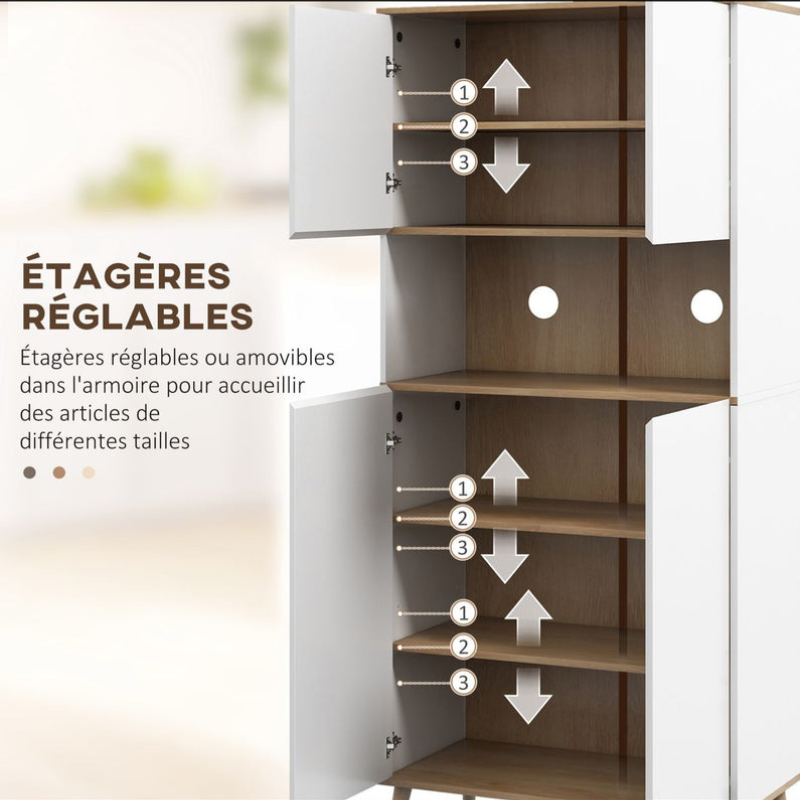 Buffet de cuisine armoire de rangement 2 placards avec porte étagères réglables niche centrale 2 passe-câbles blanc