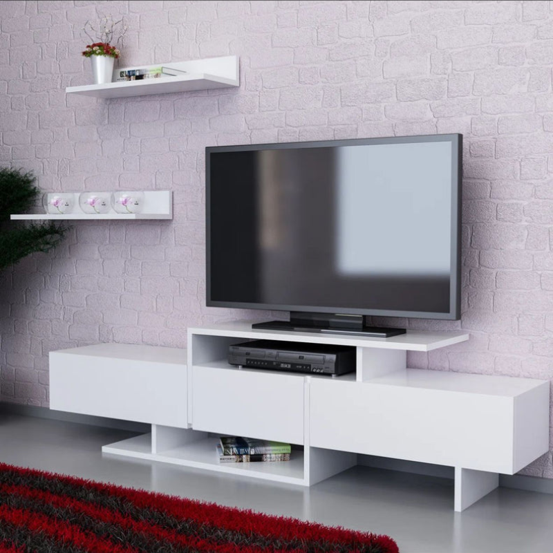 Meuble TV - Brodie-Lee pour téléviseurs de 48 pouces avec étagère - Blanc 164cm