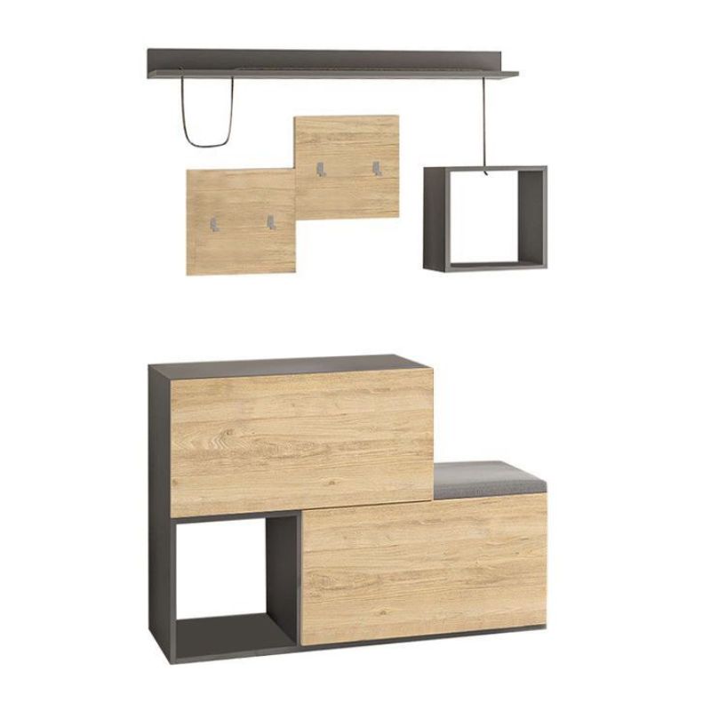 Meuble à chaussures avec porte- manteau avec assises - gris et chêne - 120 cm