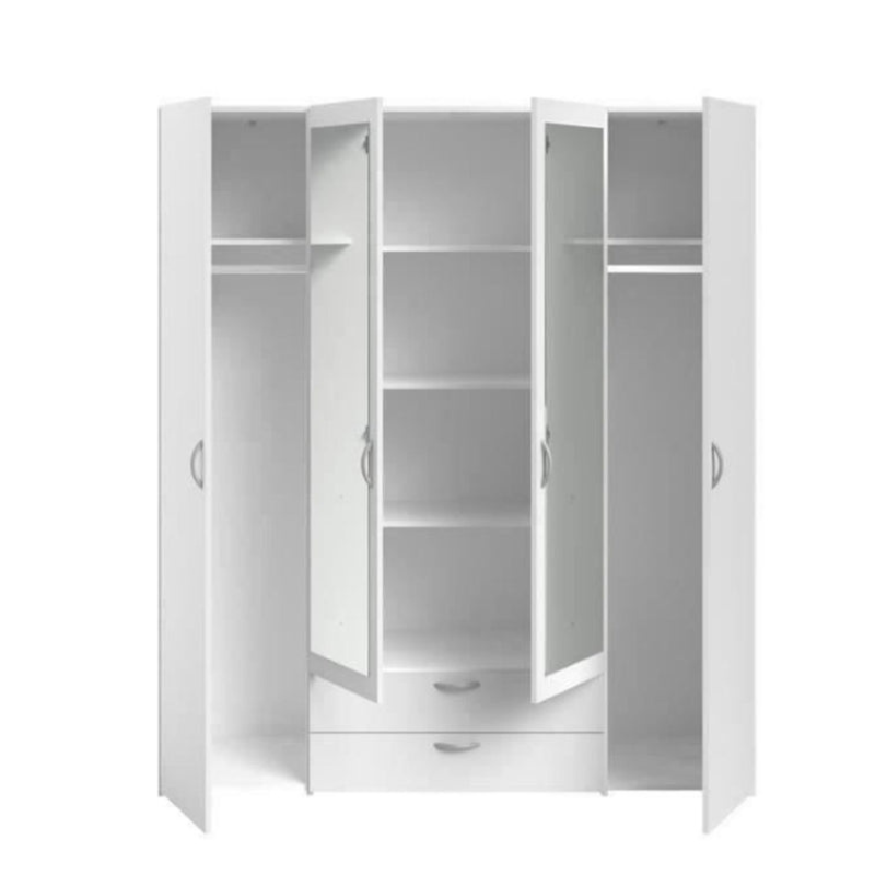 Armoire VARIA - Décor blanc - 4 portes battantes + 2 miroirs + 2 tiroirs