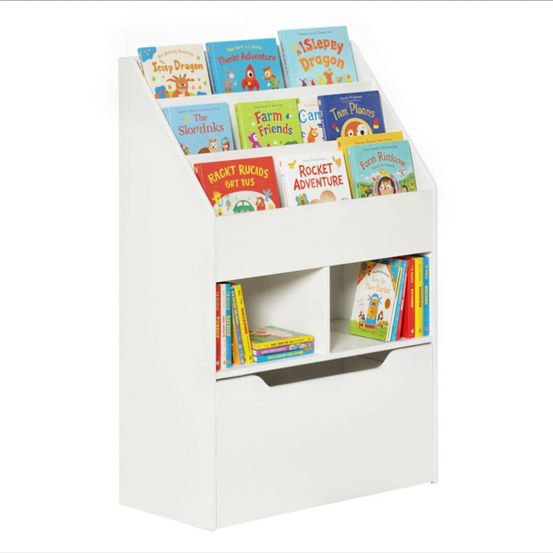 Bibliothèque étagère Multi-Rangement 3 étagères 2 niches Grand tiroir en bois - Blanc