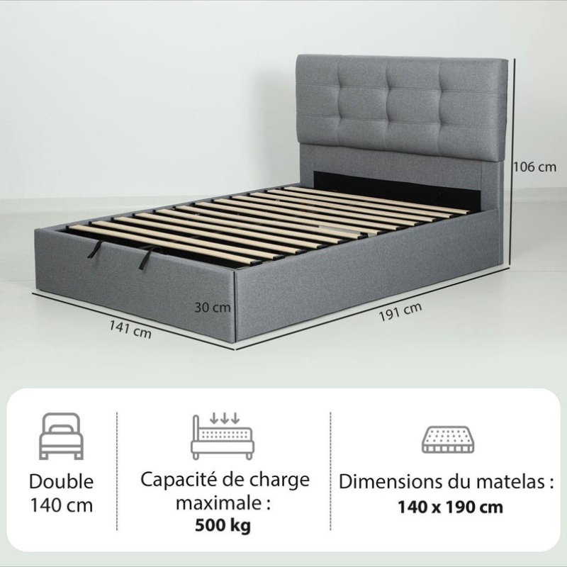 HOMCOM Lit coffre 140x190, cadre de lit double rembourré avec sommier à lattes en bois et rangement caché