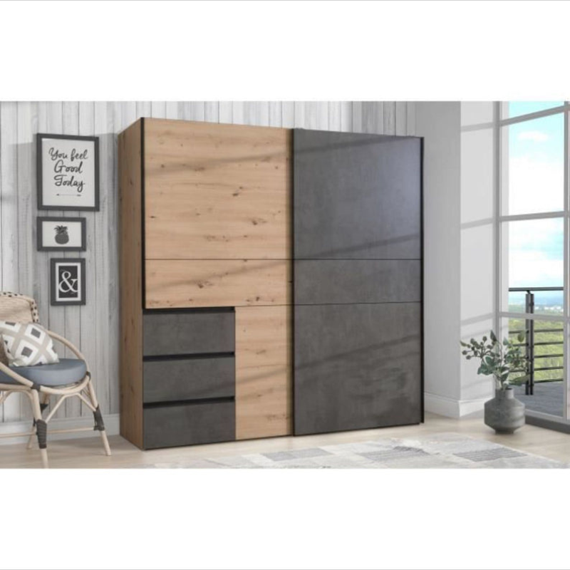 Armoire Grand Format WINN2 – Chêne & Gris Anthracite – 2 Portes Coulissantes & 3 Tiroirs