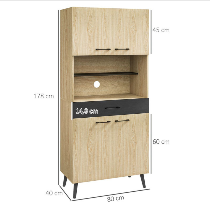 Armoire de cuisine multi-rangements avec tiroir 2 placards étagères réglables - Noir et Chêne