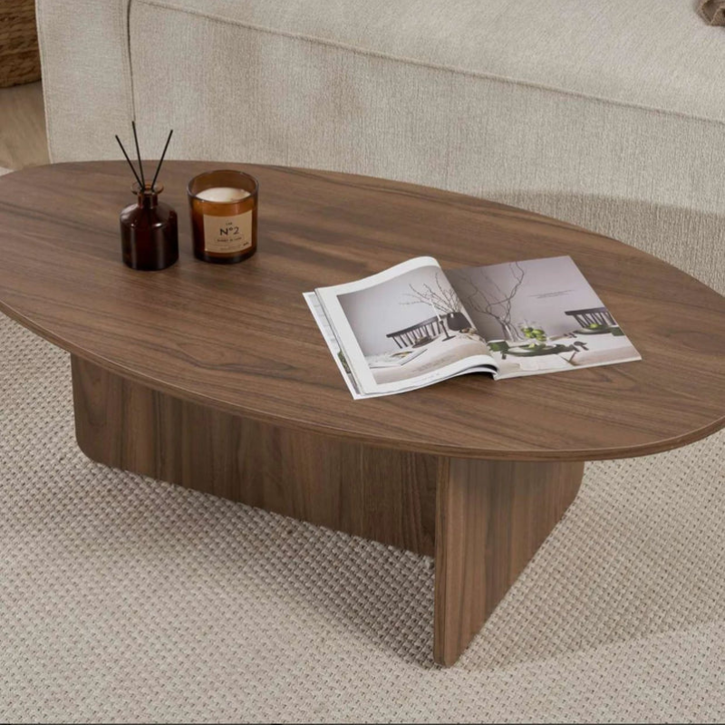 Table basse moderne ovale - Pied en T (Noir / Chêne / Noyer)