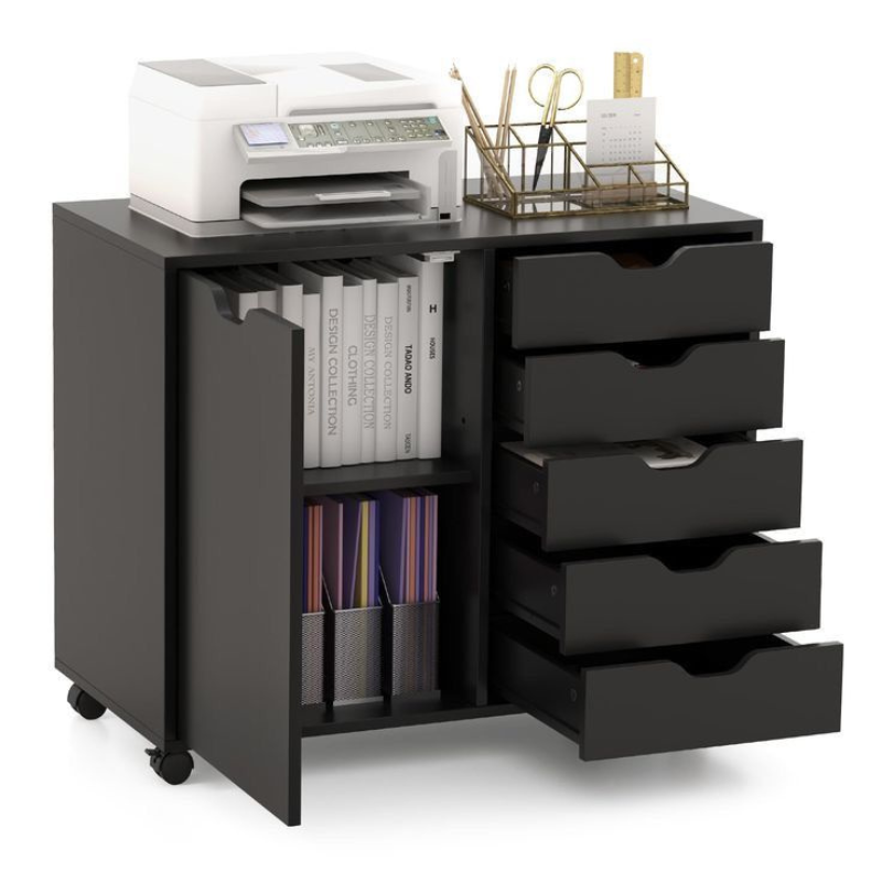 Armoire de classement verticale à tiroir, porte, étagère réglable, roulettes - Noir - Bois MDF
