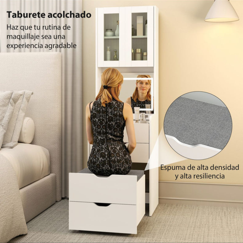 Coiffeuses - HOMCOM - Blanc - Maquillage avec étagères  miroir pliant et tabouret rembourré 3 tiroirs étagères