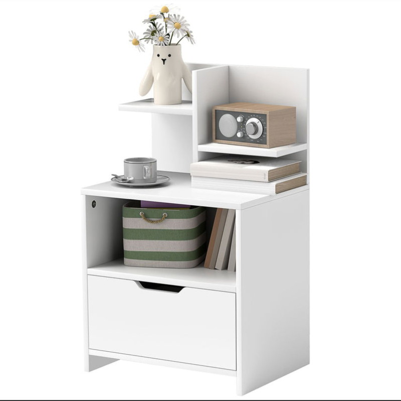 Table de chevet table de nuit avec tiroir, niche et étagères de rangement effet bois - blanc