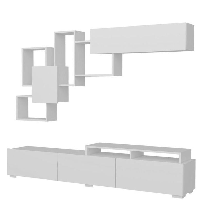 Meuble TV avec étagères flottantes - Blanc - 210 cm