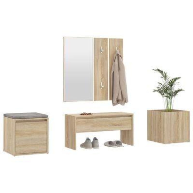 Ragui à chaussures avec assise et porte-manteau Chêne - 80cm bois Mdf