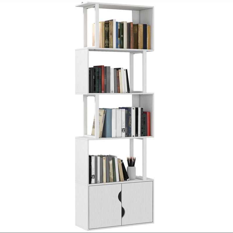 Bibliothèque à 5 niveaux, meuble de rangement avec étagères et placard double porte