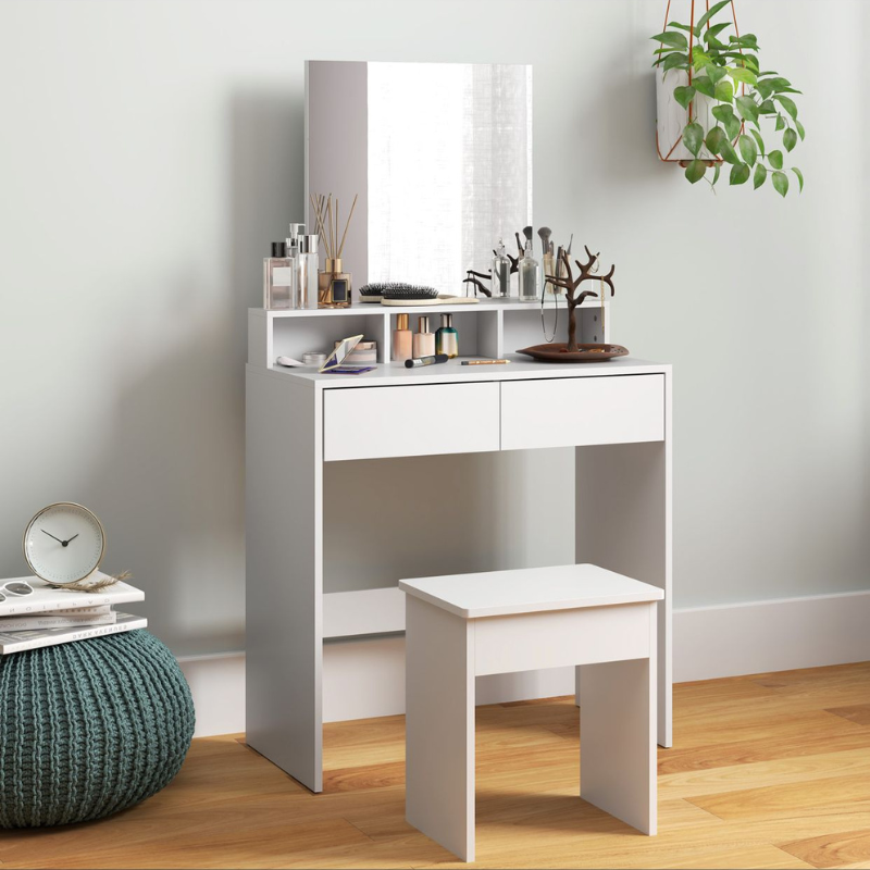 Coiffeuses de Maquillage avec Miroir, 3 Étagères, 2 Tiroirs et Tabouret