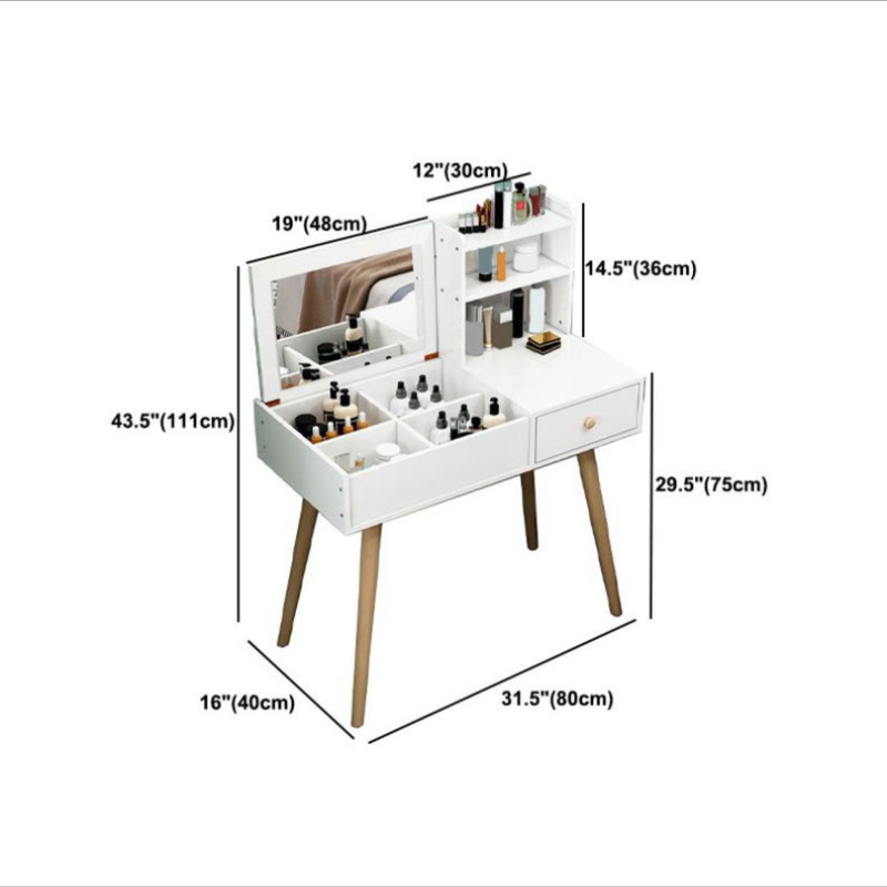 Coiffeuses de bois Blanc pieds en bois massif avec supports de rangement avec chaise