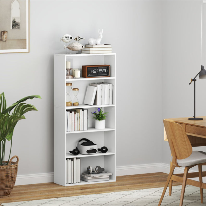 Bibliothèque à 5 étagères avec 3 étagères ajustables, en bois