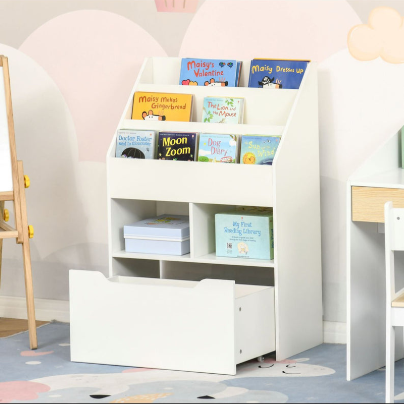Bibliothèque étagère Multi-Rangement 3 étagères 2 niches Grand tiroir en bois - Blanc