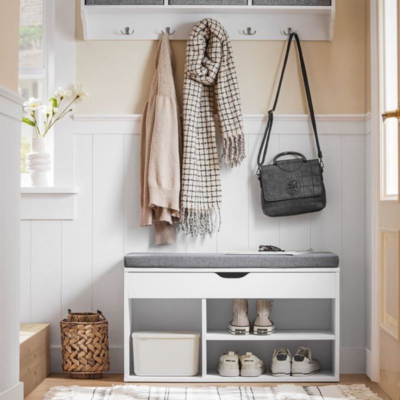 Meuble à chaussures 80cm avec étagère murale 100cm Elevus en bois MDF - Porte-manteau 5 crochets