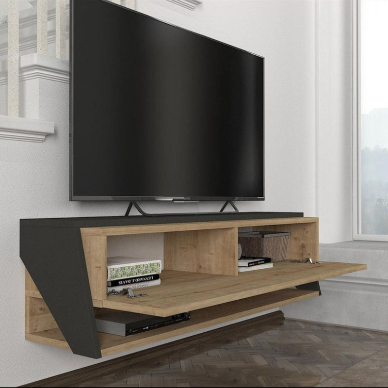 Meuble TV design suspendu LAVA 120cm - Chêne et Gris anthracite